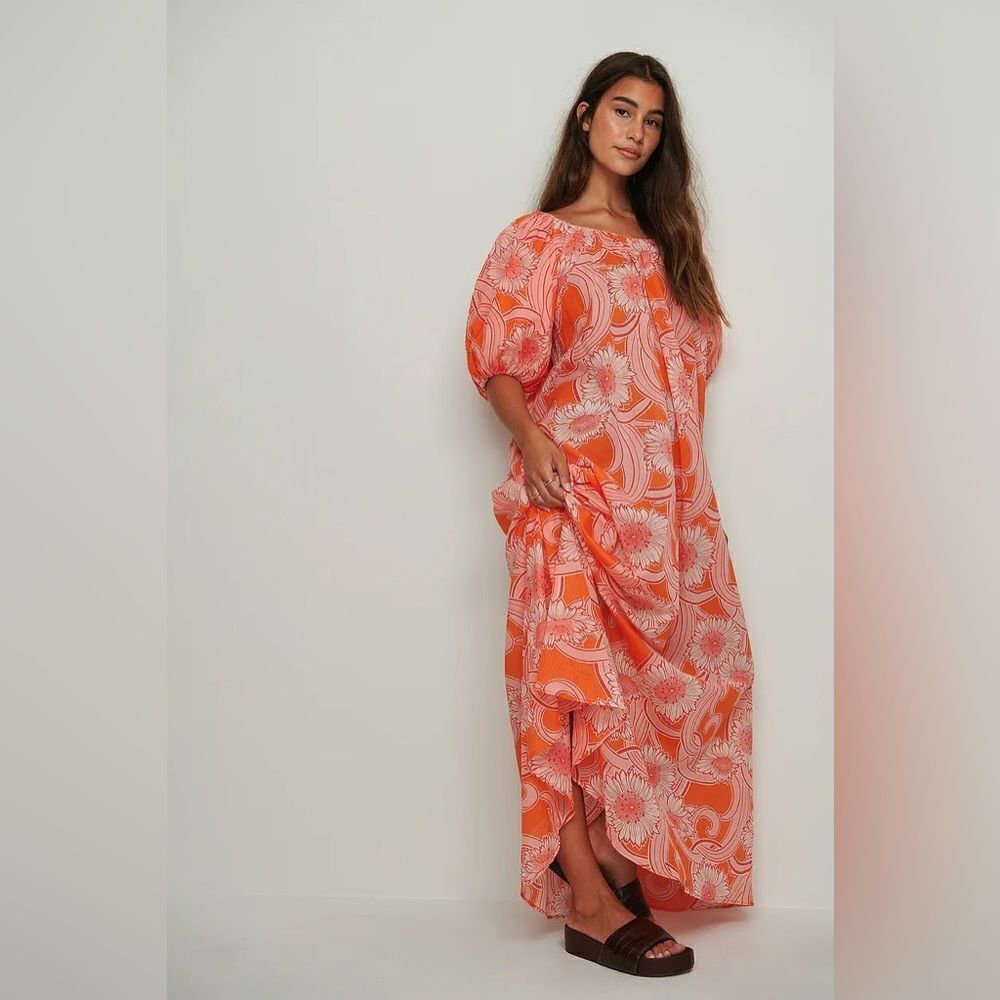 Mango Printed Cotton Dress Flowy Voluminous Maxi Puff Sleeves - Picture 3 of 6